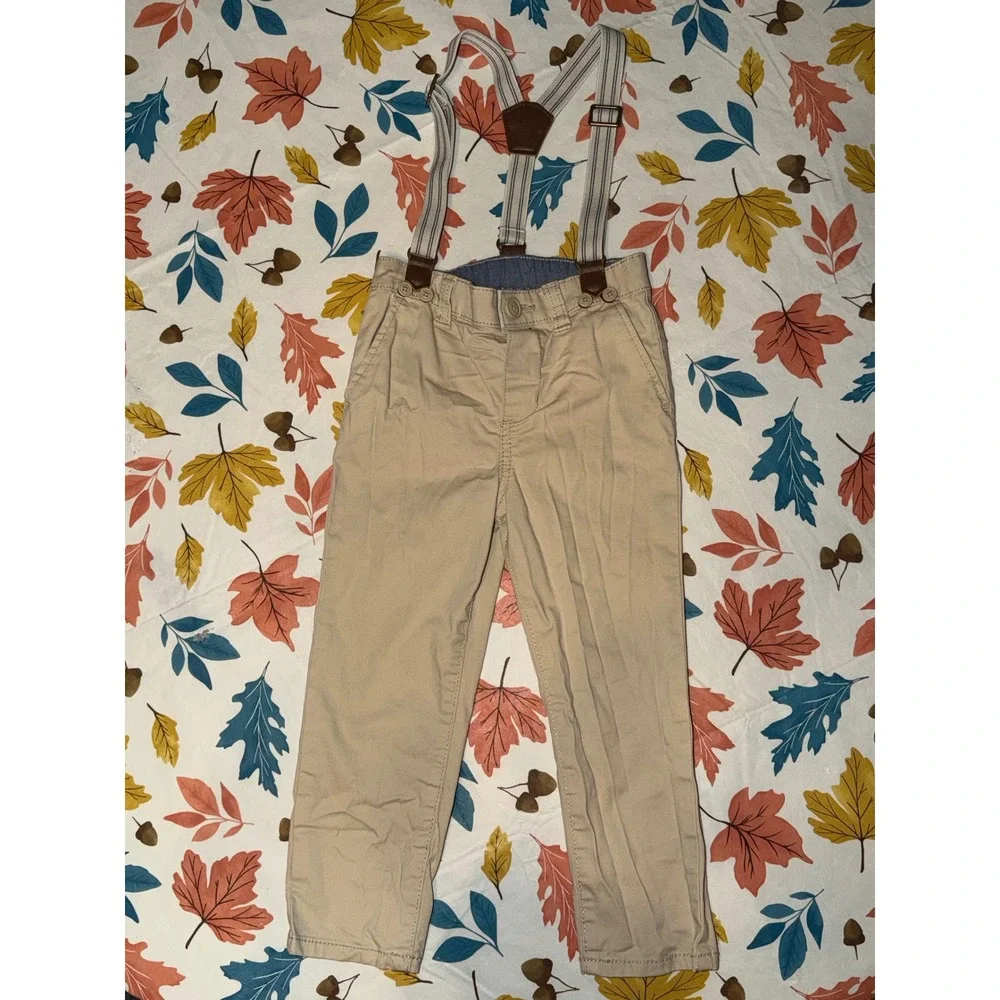 Osh Kosh Boys Tan Chino Pants with Removable Striped Suspenders Size 3T